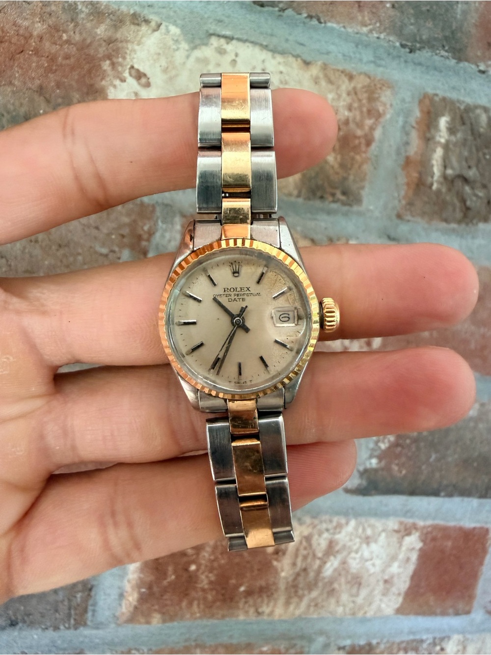 SOLD***Rolex Women's Two-Tone Gold and Silver Date Watch with Ivory Dial***SOLD